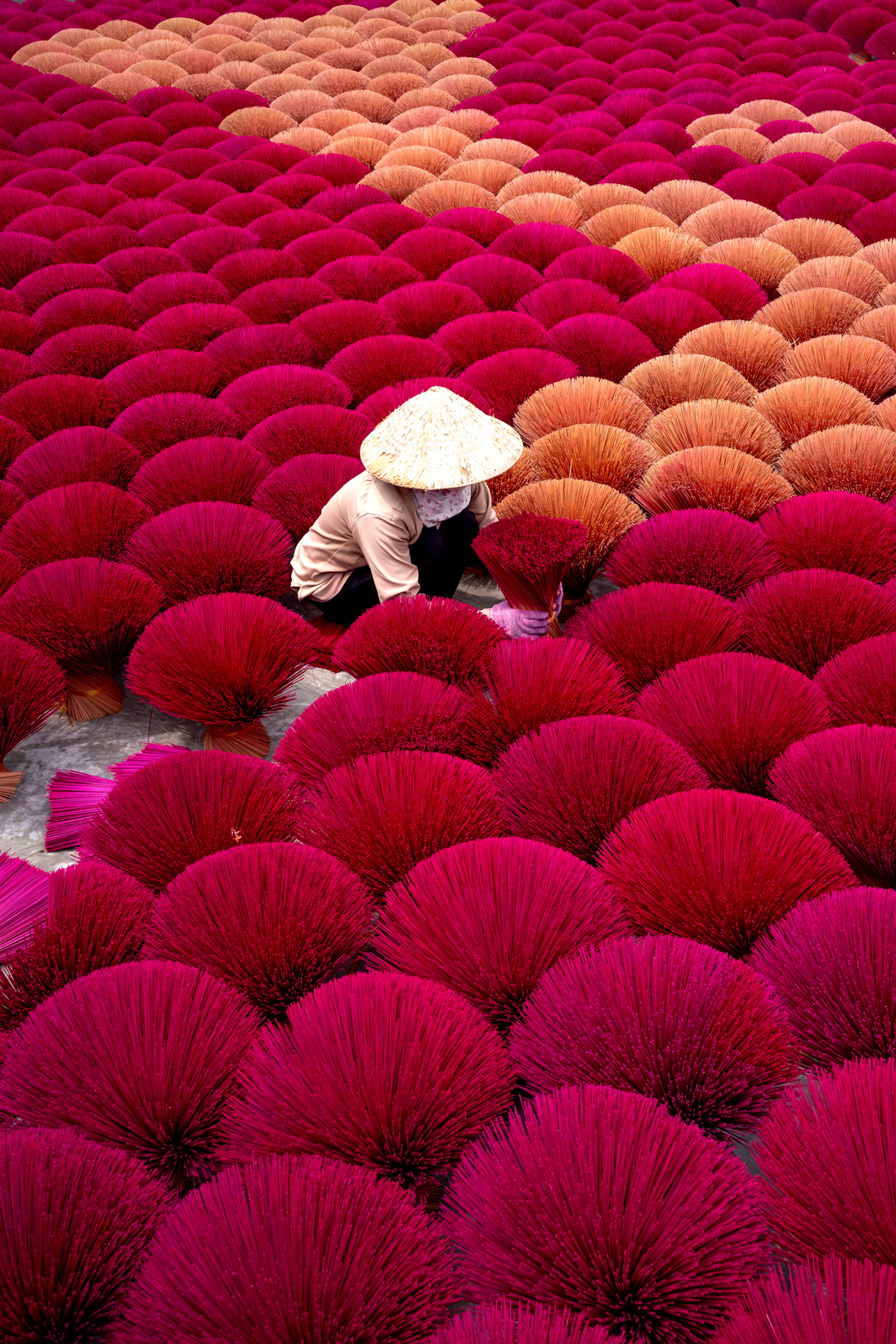 Female in conical hat assorting incense sticks in daytime
